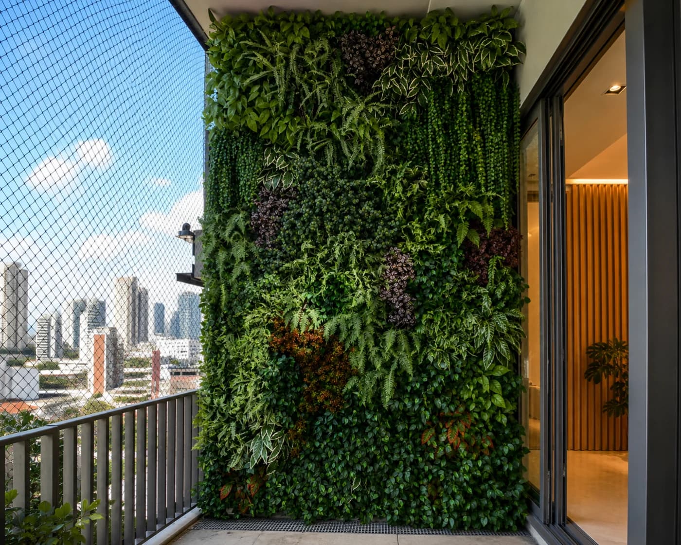 Varanda de apartamento com jardim vertical permanente e vista para a cidade