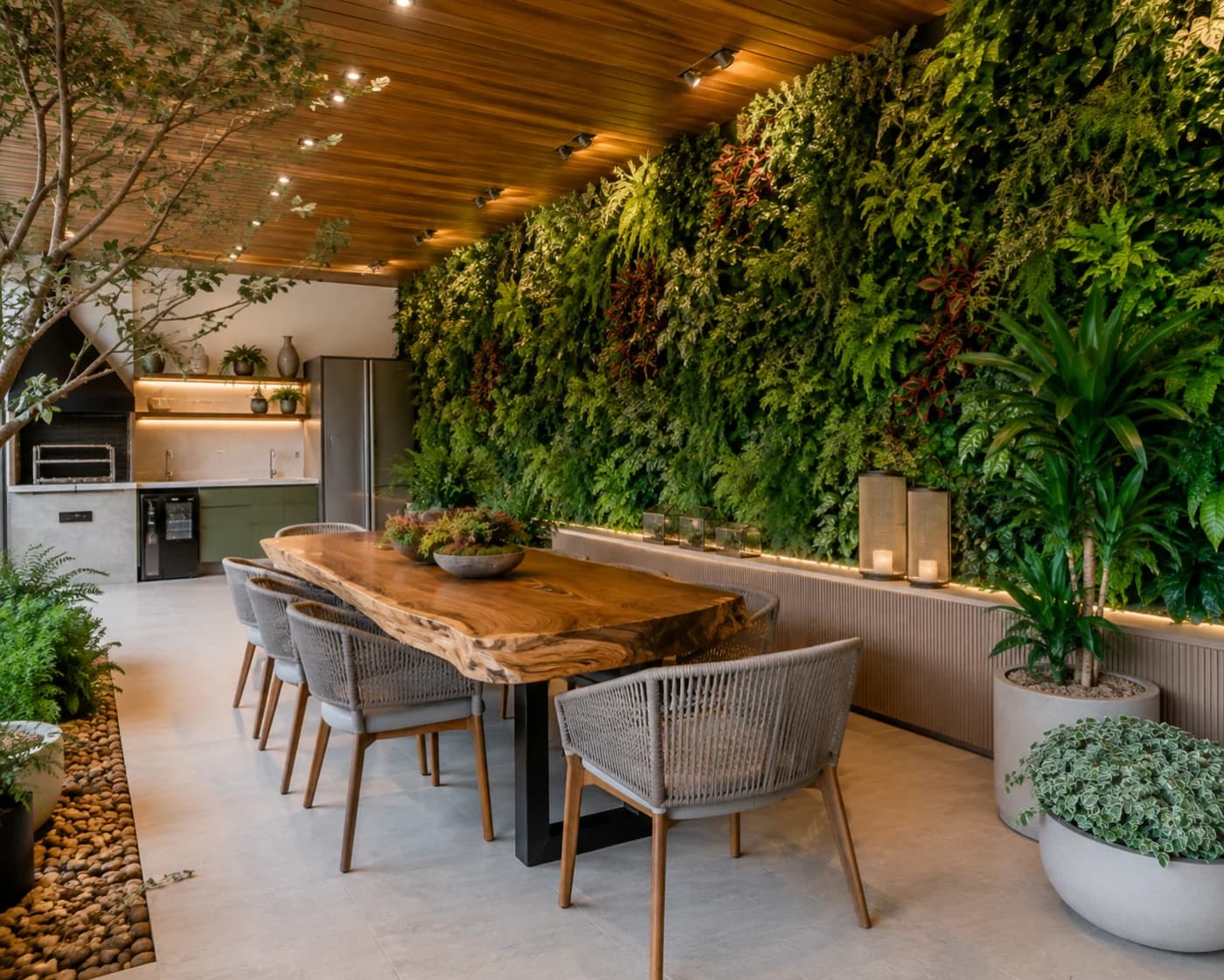 Área gourmet decorada com jardim vertical iluminado, mesa de madeira maciça e vasos com plantas permanentes