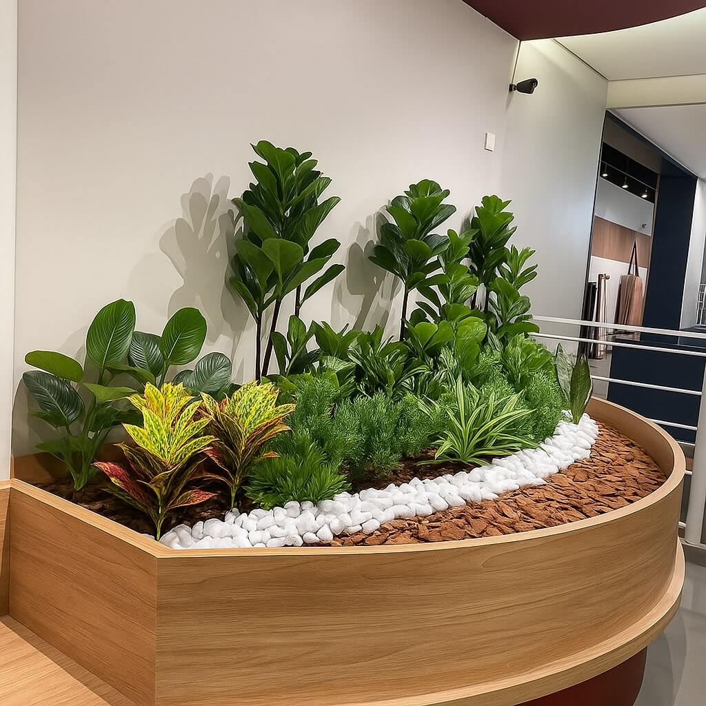 Jardim interno circular da Flórida Decorações em ambiente corporativo no Brás